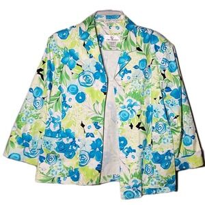 Erin London Womens Lg Stretch Jacket Floral Colorful Cotton 3/4Sleeve Blue Green
